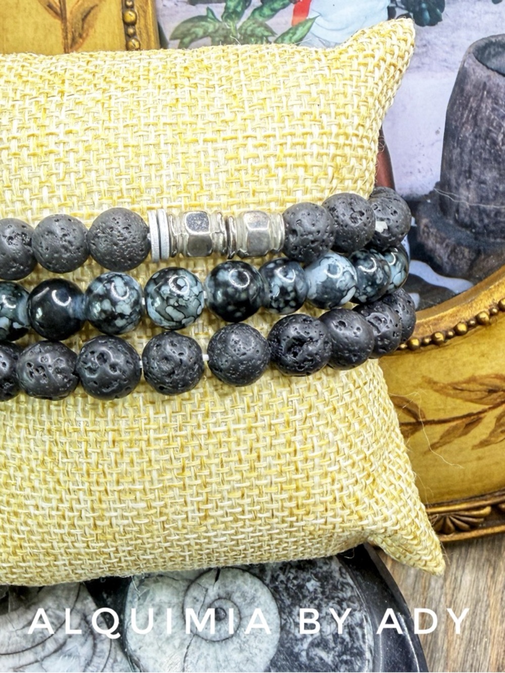 fall+ silver  lava rock + AGATE bracelet PROTECTION TRIO